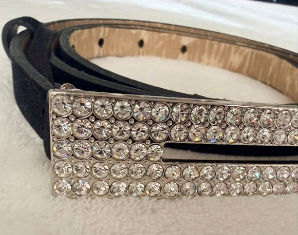 Oscar de la Renta Crystal Pavé Buckle Black Suede Leather Belt Size Large